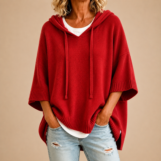 Karolina™ | Gestricktes Poncho mit Kapuze — Rot